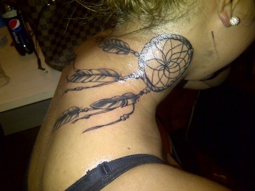 Dreamcatcher Tattoo On Girl Right Side Neck